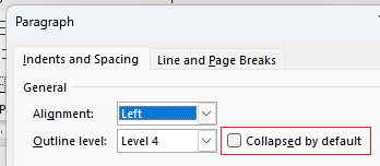 Outline level Collapsed by default checkbox
